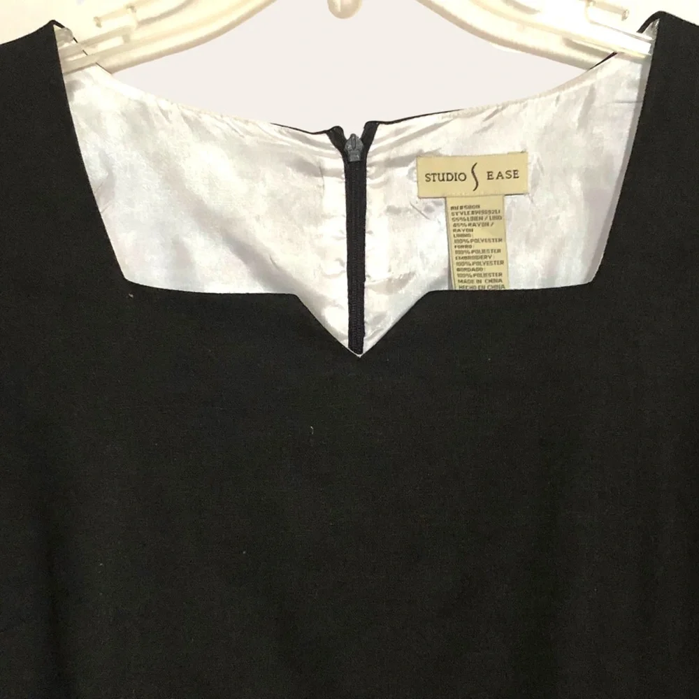 Women’s Linen Blend Classic Black Dress Embroidery Short Sleeve Lined Si… - Picture 2 of 9